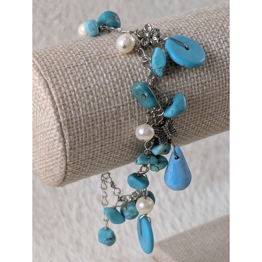 Boho Turquoise‎ Charm Bracelet Faux Pearl Silver Tone Dangle Adjustable